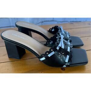 New in box Open Square Toe Black Mules Chunky Block Heel Size 9.5 Ribbon Floral